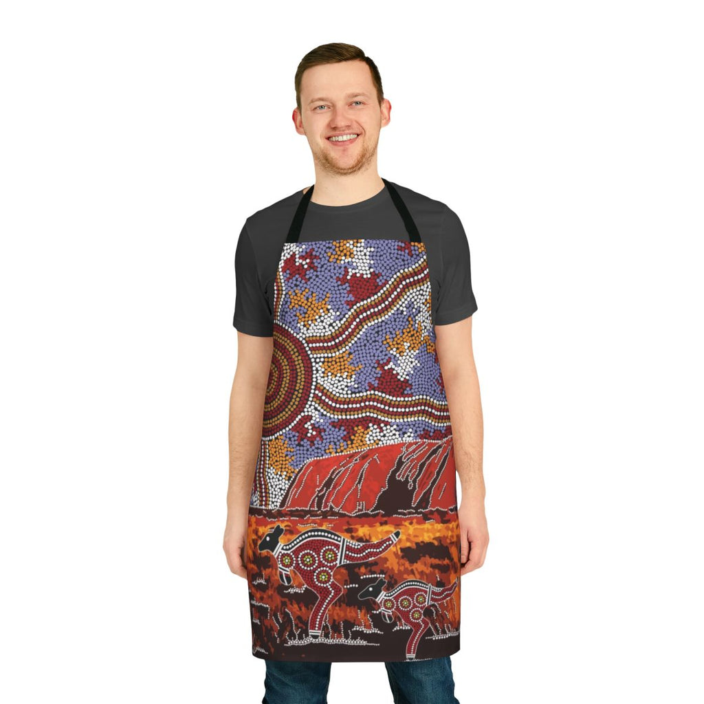 Apron featuring a vibrant aboriginal-inspired design of Uluru (Ayers Rock), kangaroos, and the Australian outback.
