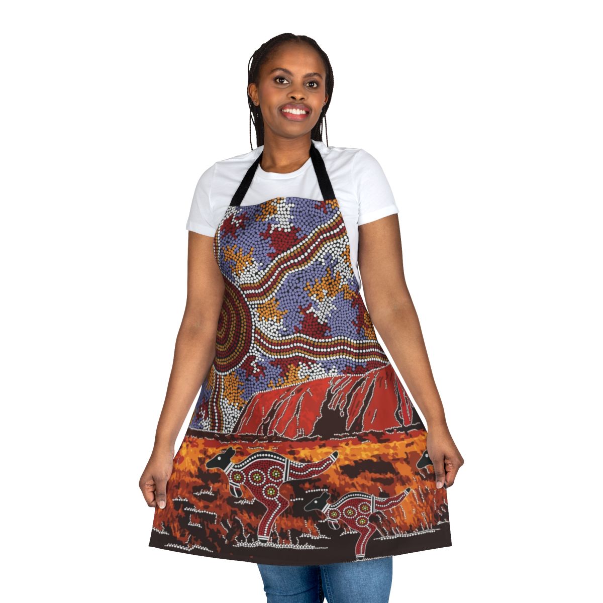 Apron featuring a vibrant aboriginal-inspired design of Uluru (Ayers Rock), kangaroos, and the Australian outback.