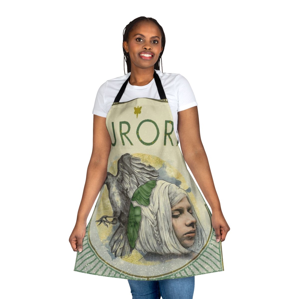 Greenbird apron featuring the artwork and imagery of Norwegian singer-songwriter Aurora Aksnes