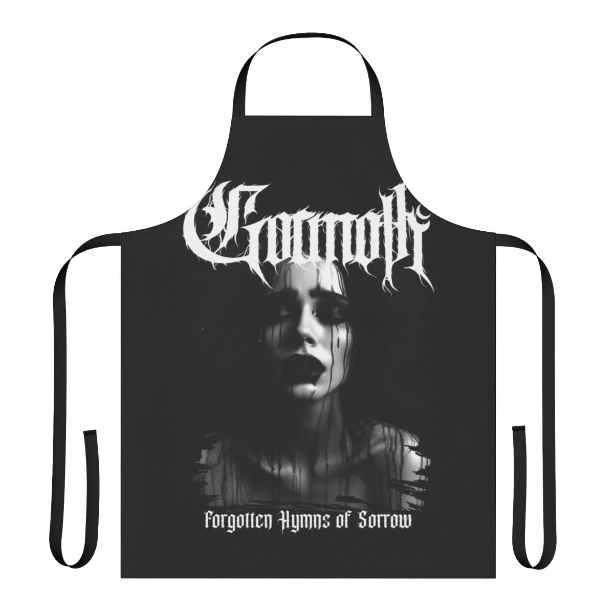A black metal-themed apron with the Gormoth logo, a prominent Hungarian black metal band