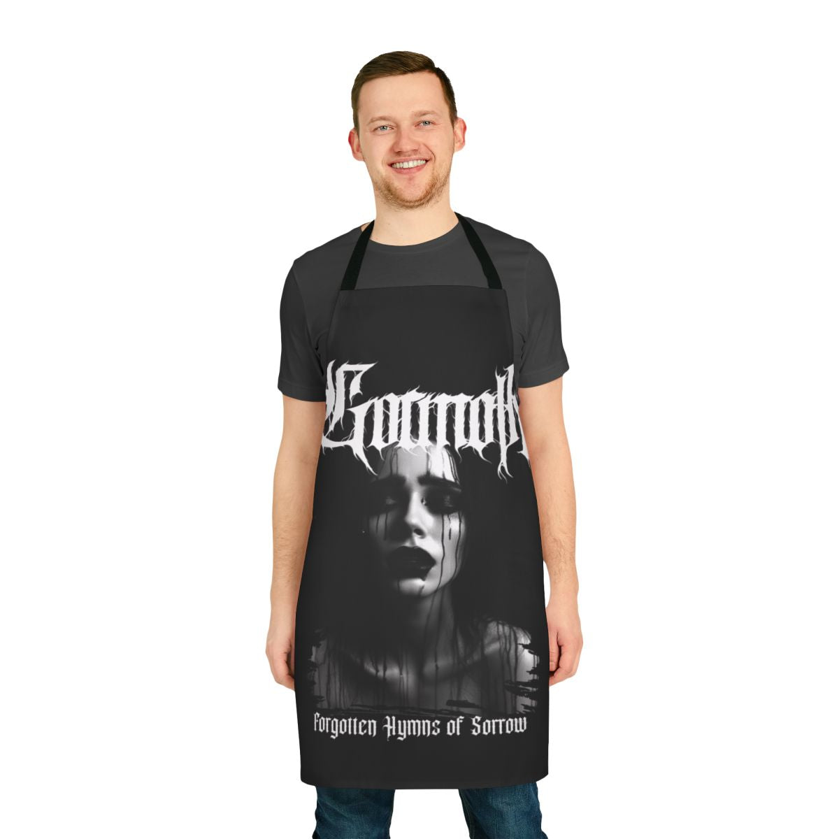 A black metal-themed apron with the Gormoth logo, a prominent Hungarian black metal band