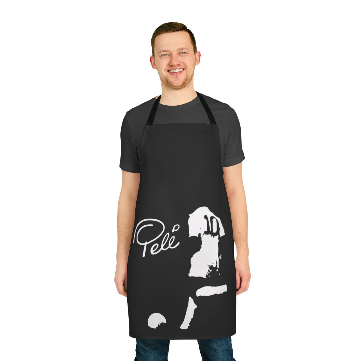 Pele soccer player inspired apron with Brazil flag design