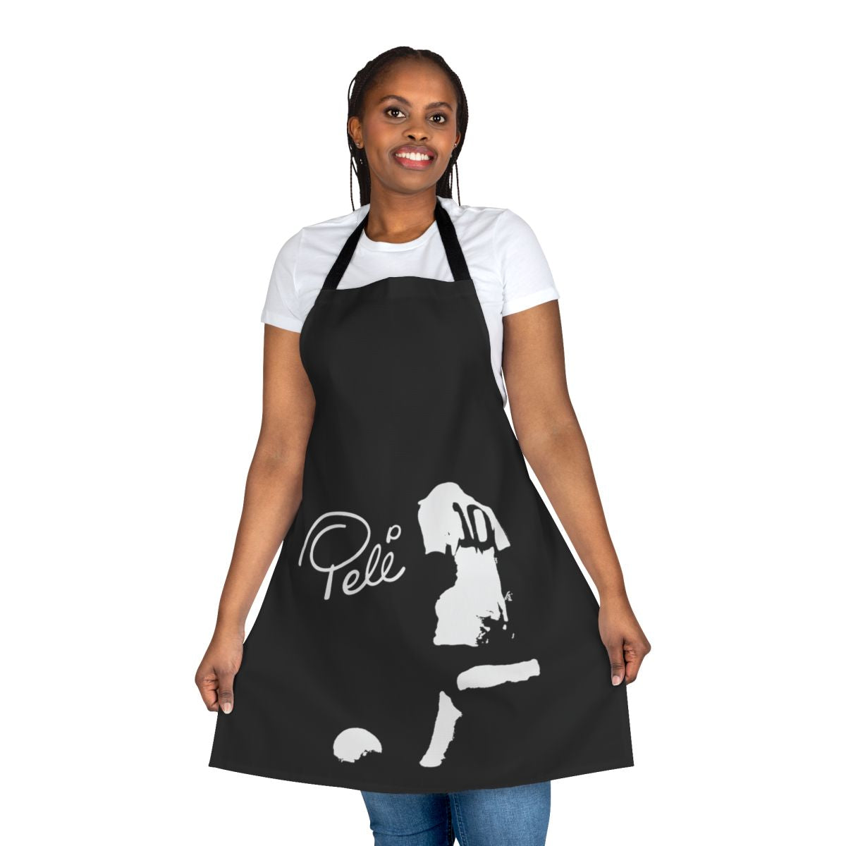 Pele soccer player inspired apron with Brazil flag design