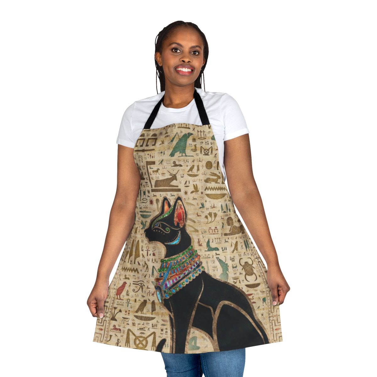 Apron featuring the Egyptian cat goddess Bastet on papyrus background