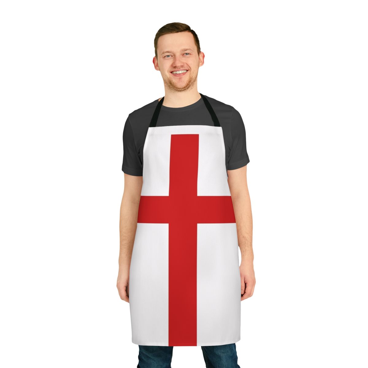 Close-up of an apron featuring the iconic St George Cross design, representing the flag of England.