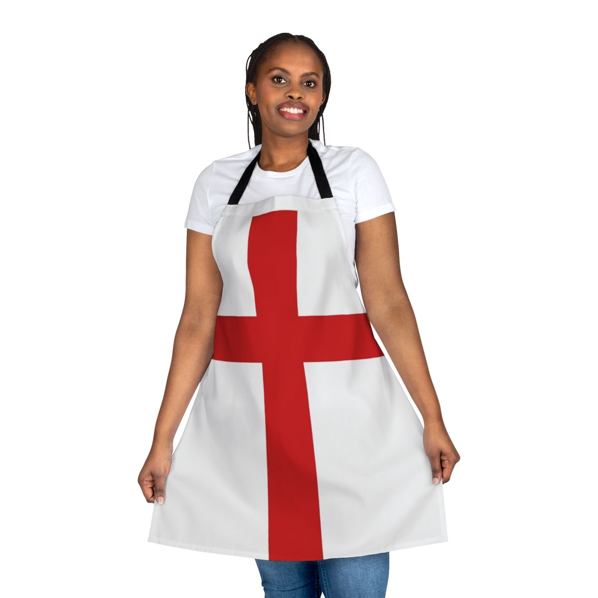 Close-up of an apron featuring the iconic St George Cross design, representing the flag of England.