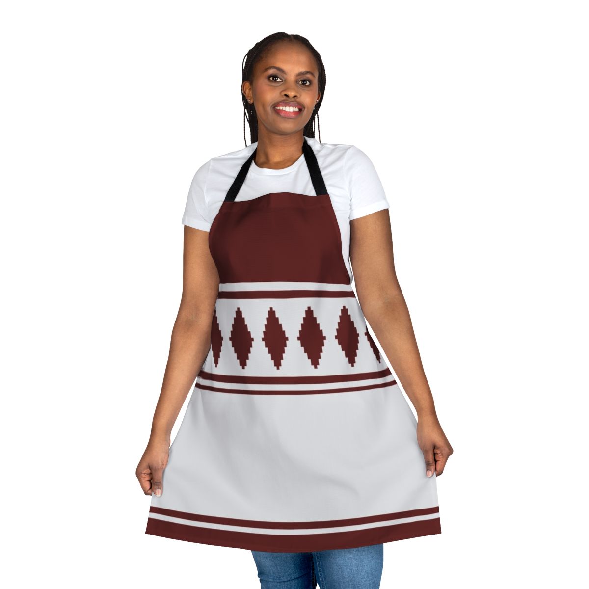 Traditional Finnish jussipaita pattern design on an apron