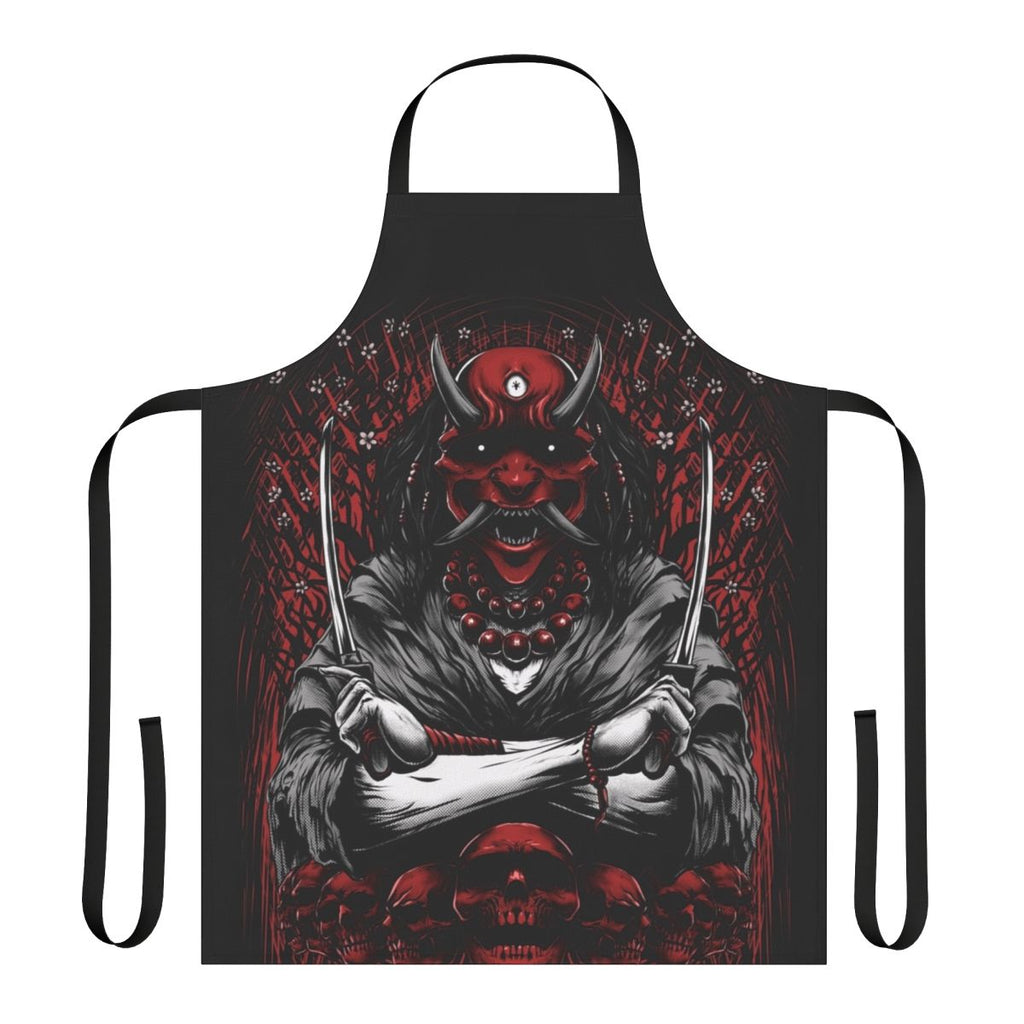 Stylish black apron with Japanese oni demon and sakura flower tattoo artwork