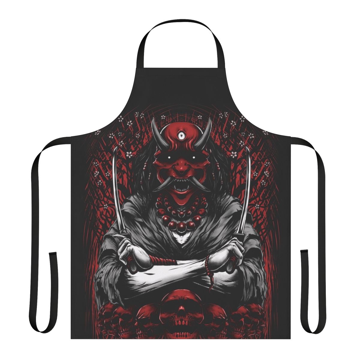 Stylish black apron with Japanese oni demon and sakura flower tattoo artwork