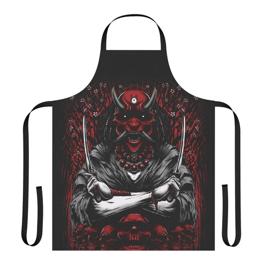 Stylish black apron with Japanese oni demon and sakura flower tattoo artwork