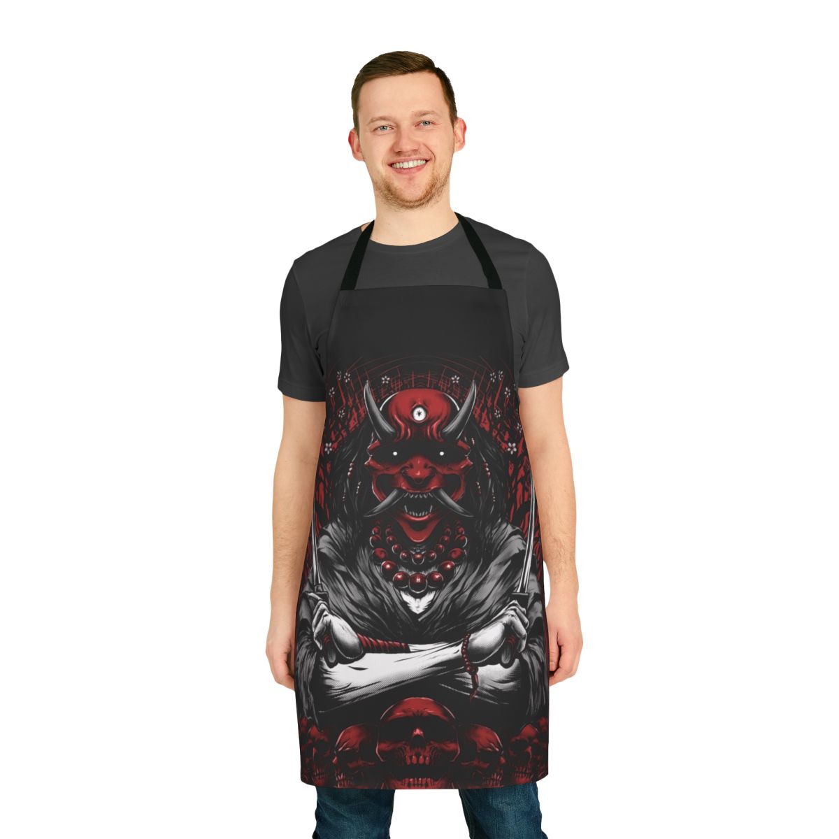 Stylish black apron with Japanese oni demon and sakura flower tattoo artwork
