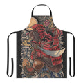 Stylized illustration of a drunken samurai oni demon on a black and white apron