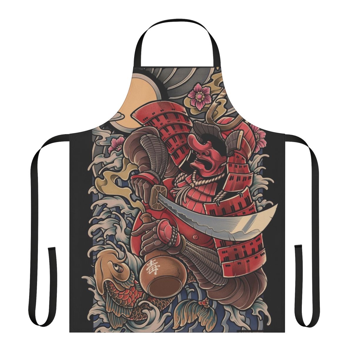 Stylized illustration of a drunken samurai oni demon on a black and white apron
