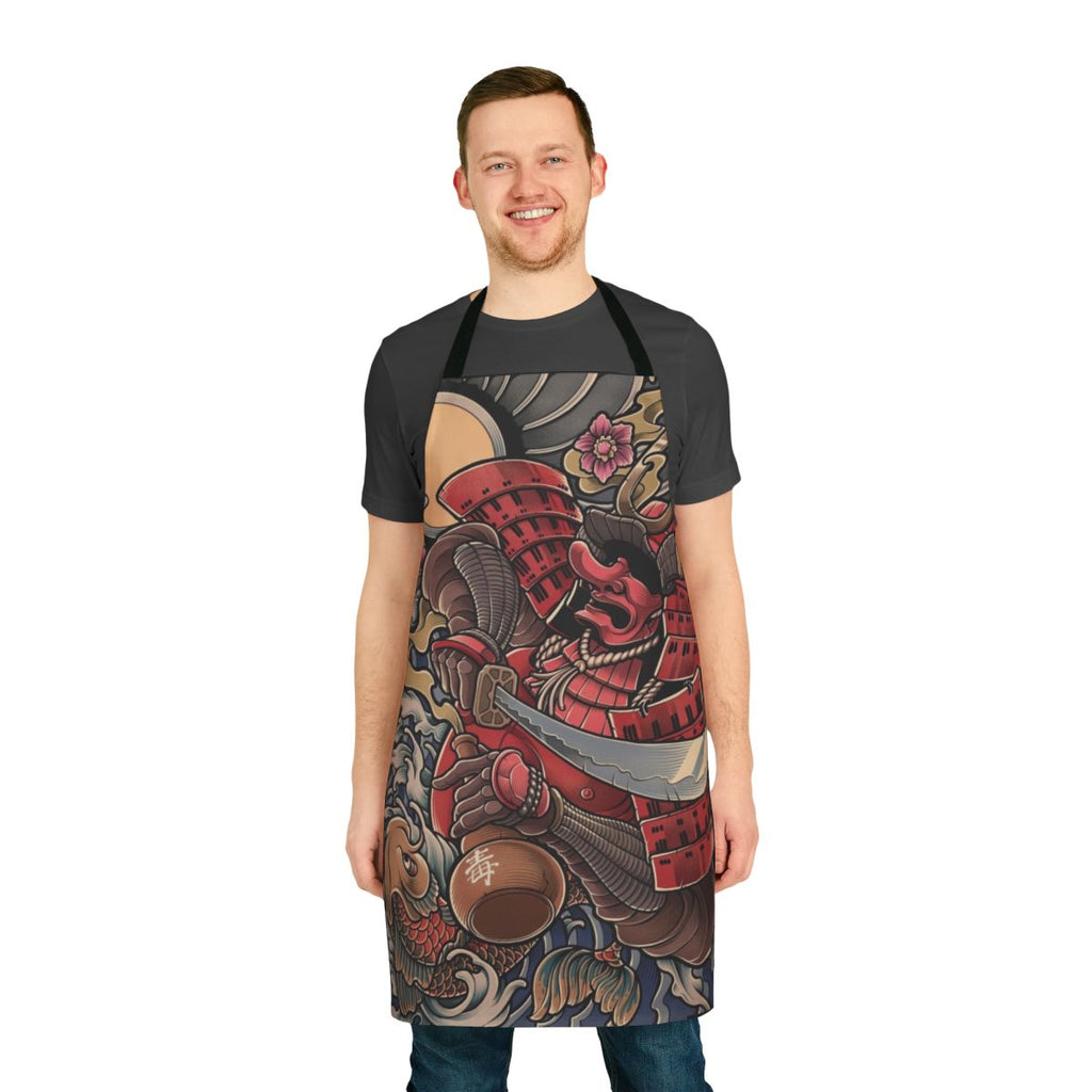Stylized illustration of a drunken samurai oni demon on a black and white apron