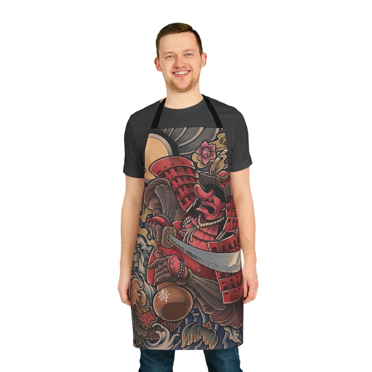 Stylized illustration of a drunken samurai oni demon on a black and white apron