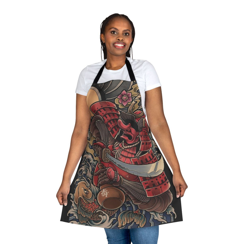 Stylized illustration of a drunken samurai oni demon on a black and white apron