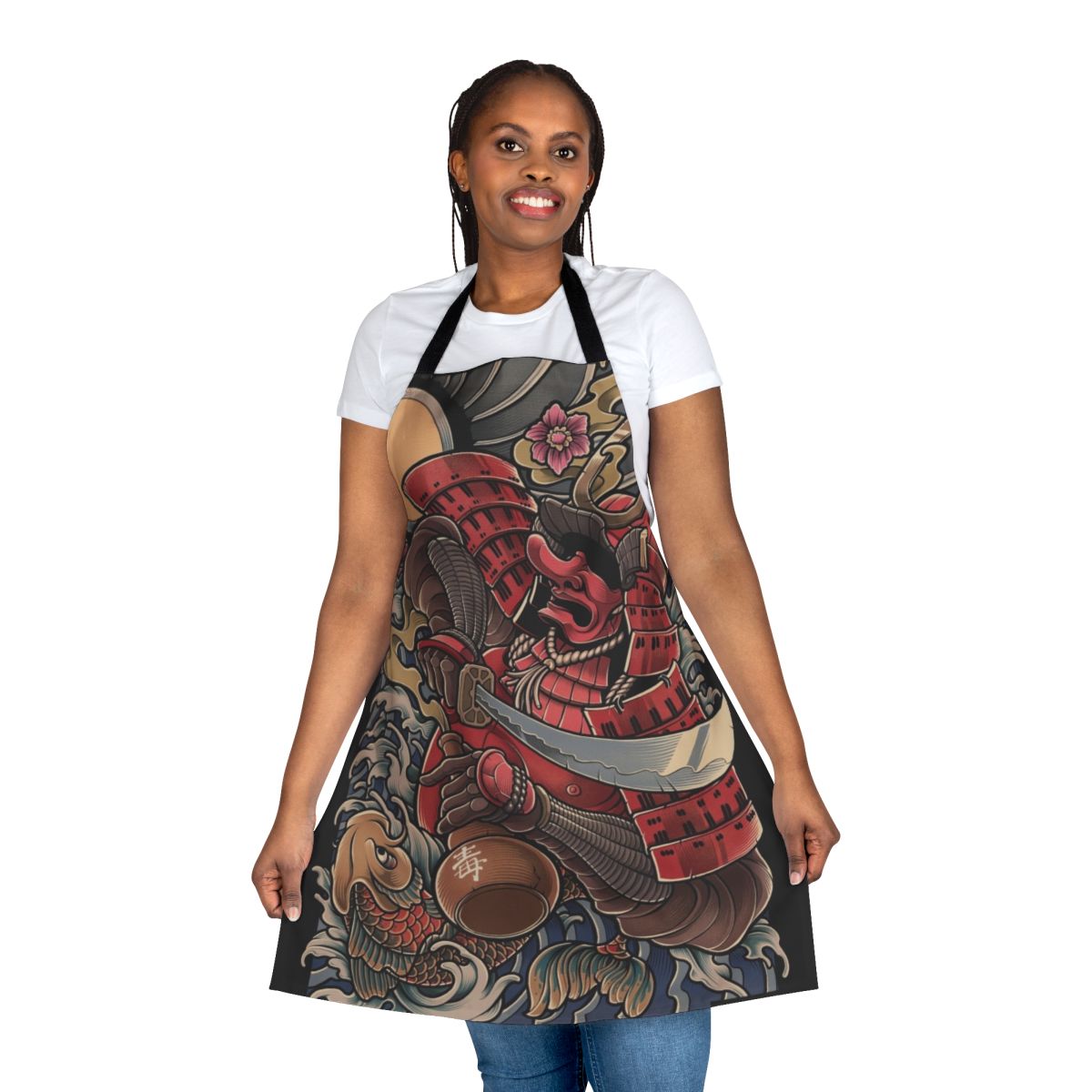 Stylized illustration of a drunken samurai oni demon on a black and white apron