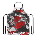 Detailed image of a red and black samurai-style apron with traditional Japanese warrior symbols and designs.