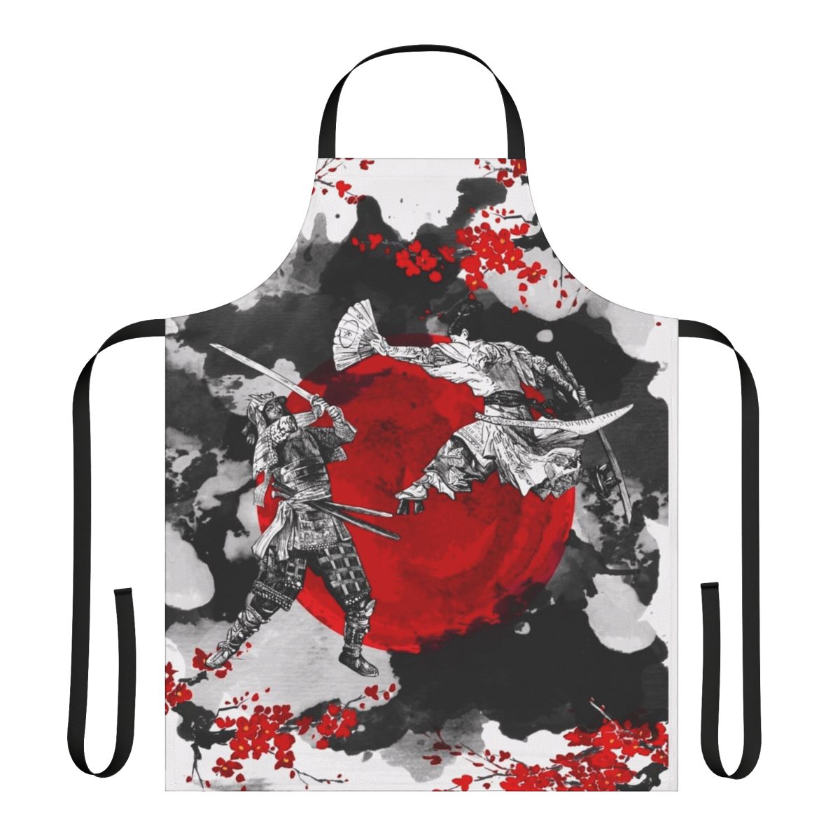 Detailed image of a red and black samurai-style apron with traditional Japanese warrior symbols and designs.