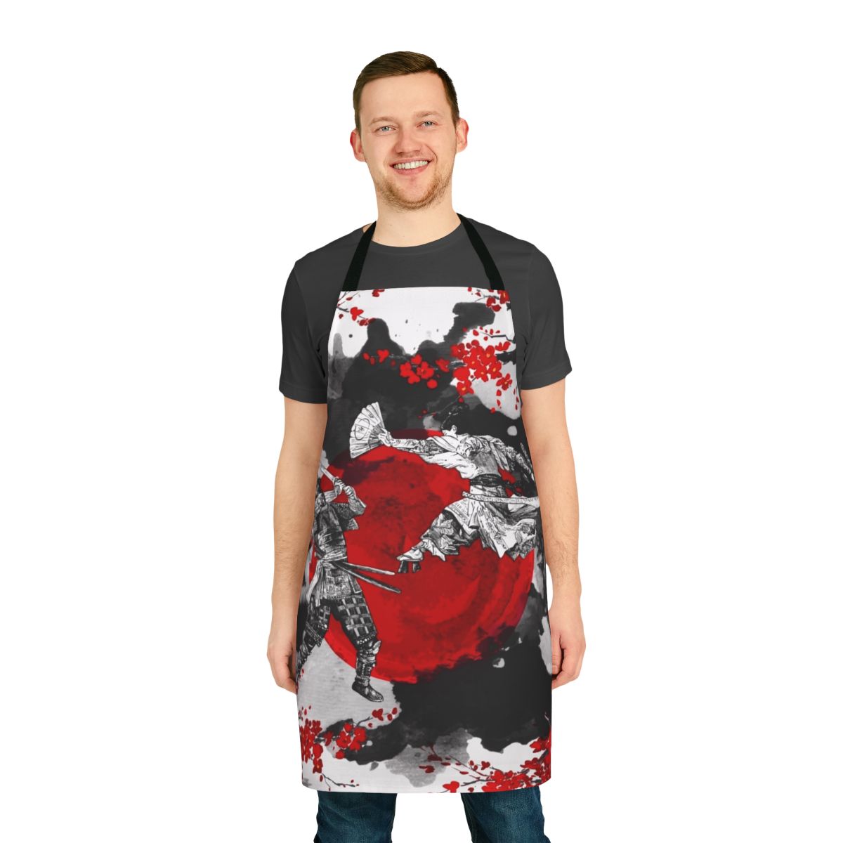 Detailed image of a red and black samurai-style apron with traditional Japanese warrior symbols and designs.
