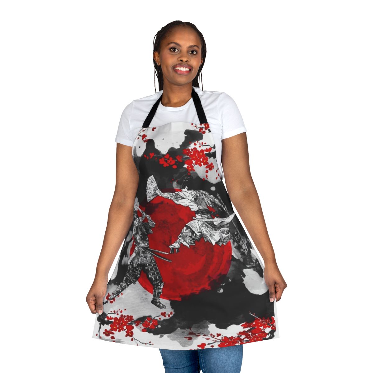 Detailed image of a red and black samurai-style apron with traditional Japanese warrior symbols and designs.