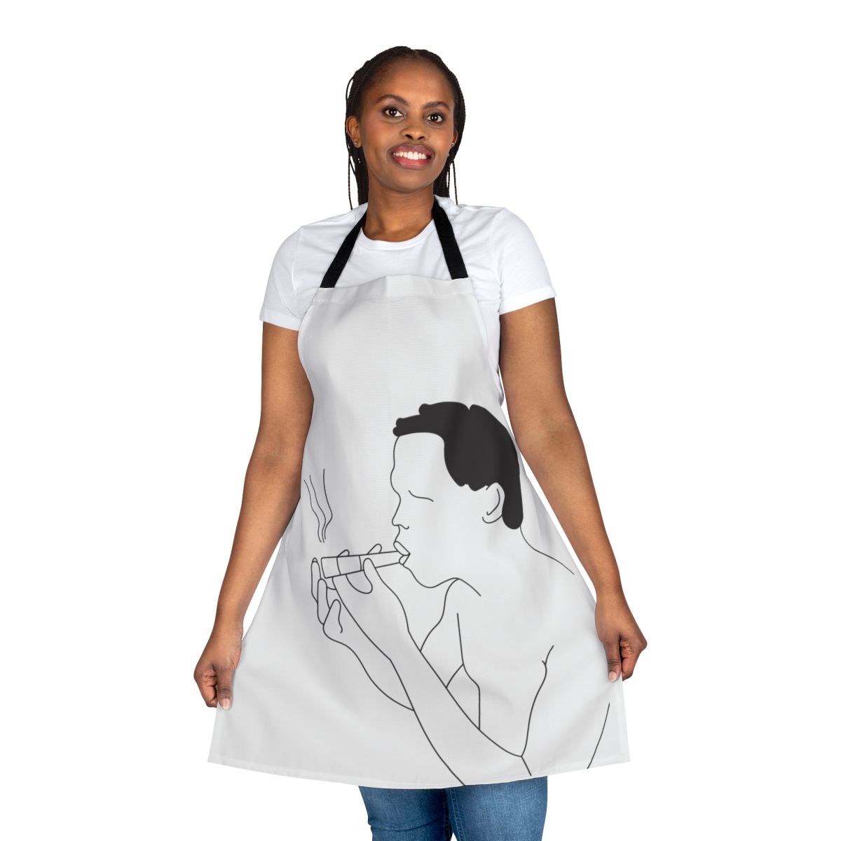 Photograph of a black and white patterned apron with a tribal, African-inspired design