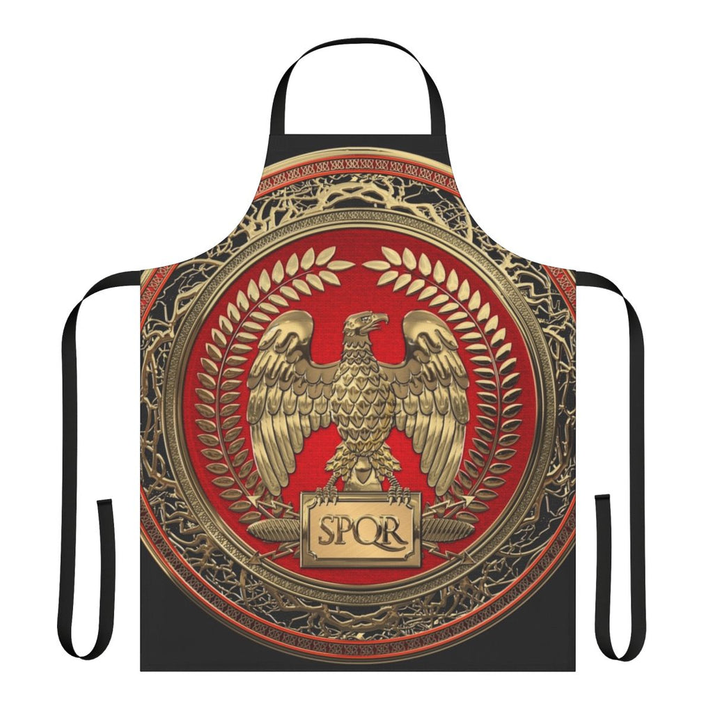 Gold roman imperial eagle emblem on a black leather apron