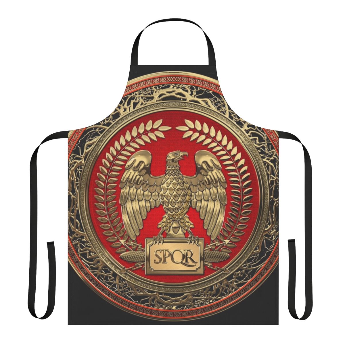 Gold roman imperial eagle emblem on a black leather apron