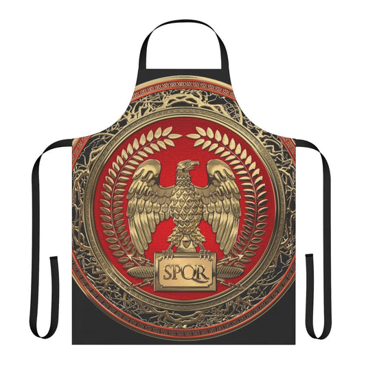 Gold roman imperial eagle emblem on a black leather apron