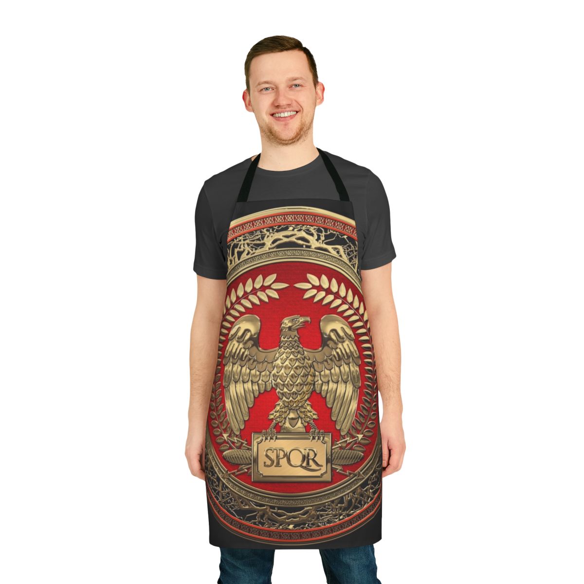 Gold roman imperial eagle emblem on a black leather apron