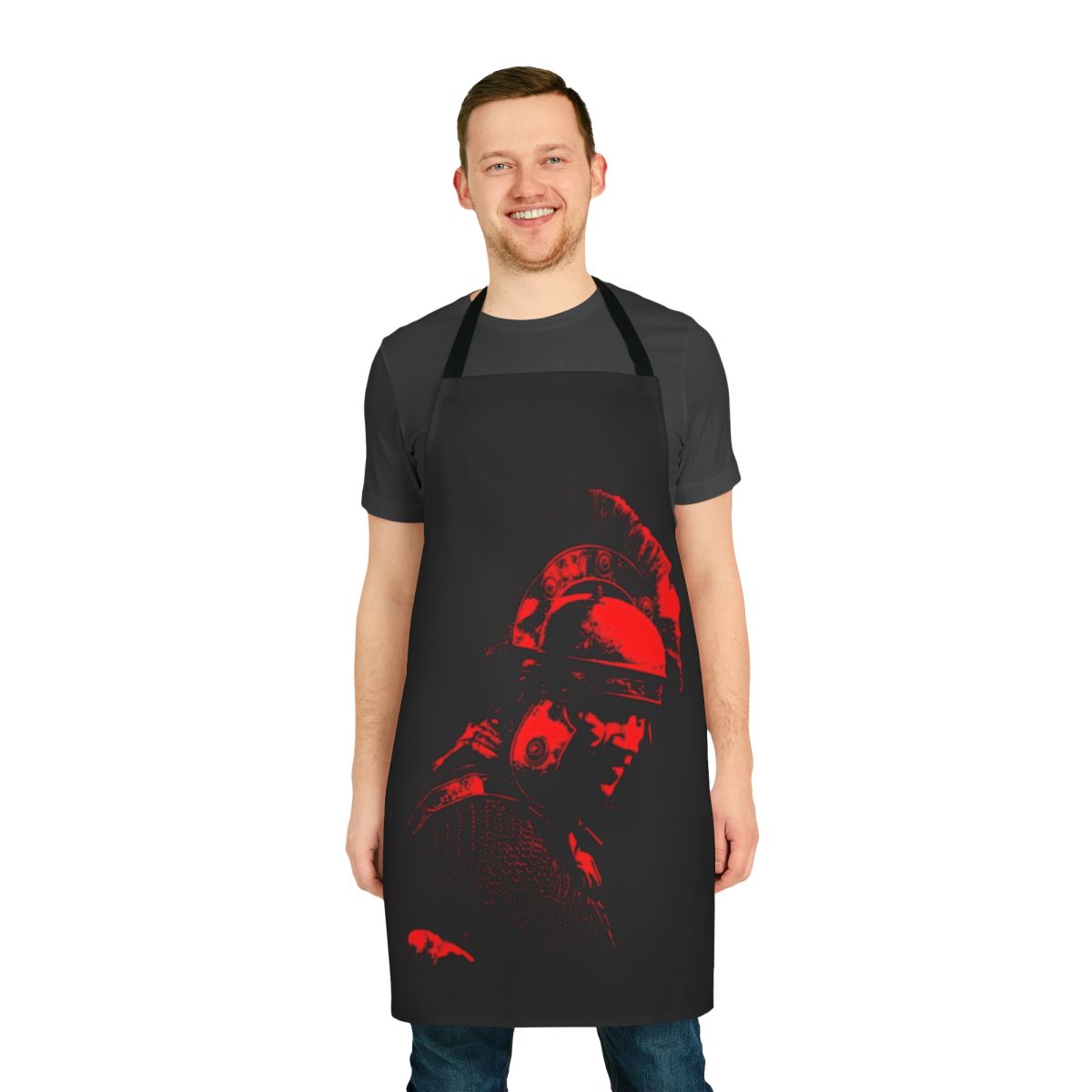 Stylized image of a Legio Flavia Felix-inspired apron, featuring Roman helmet and armor motifs.