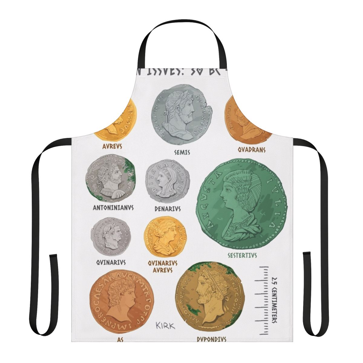 Apron featuring an artistic depiction of ancient Roman coins like the denarius, antoninianus, and sestertius