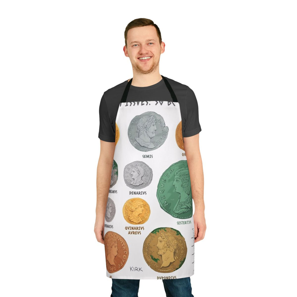 Apron featuring an artistic depiction of ancient Roman coins like the denarius, antoninianus, and sestertius