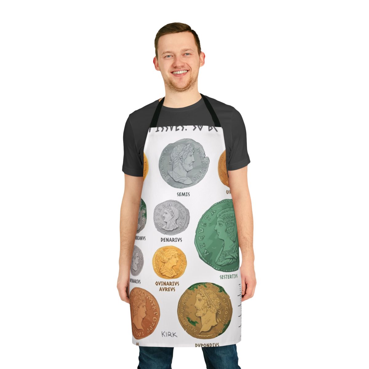 Apron featuring an artistic depiction of ancient Roman coins like the denarius, antoninianus, and sestertius