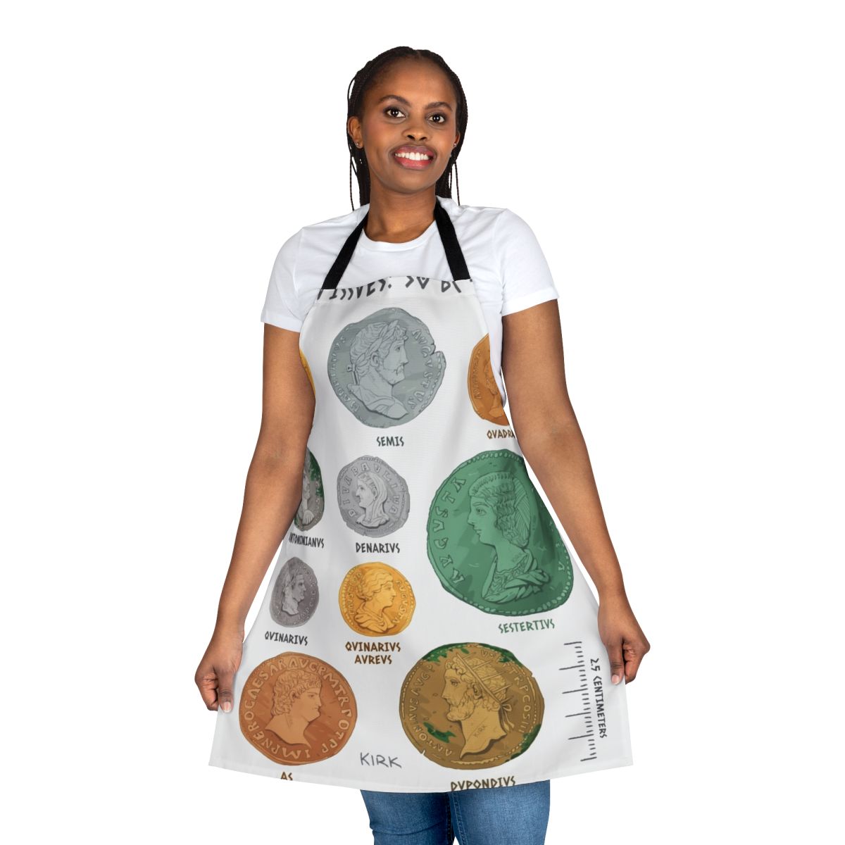Apron featuring an artistic depiction of ancient Roman coins like the denarius, antoninianus, and sestertius