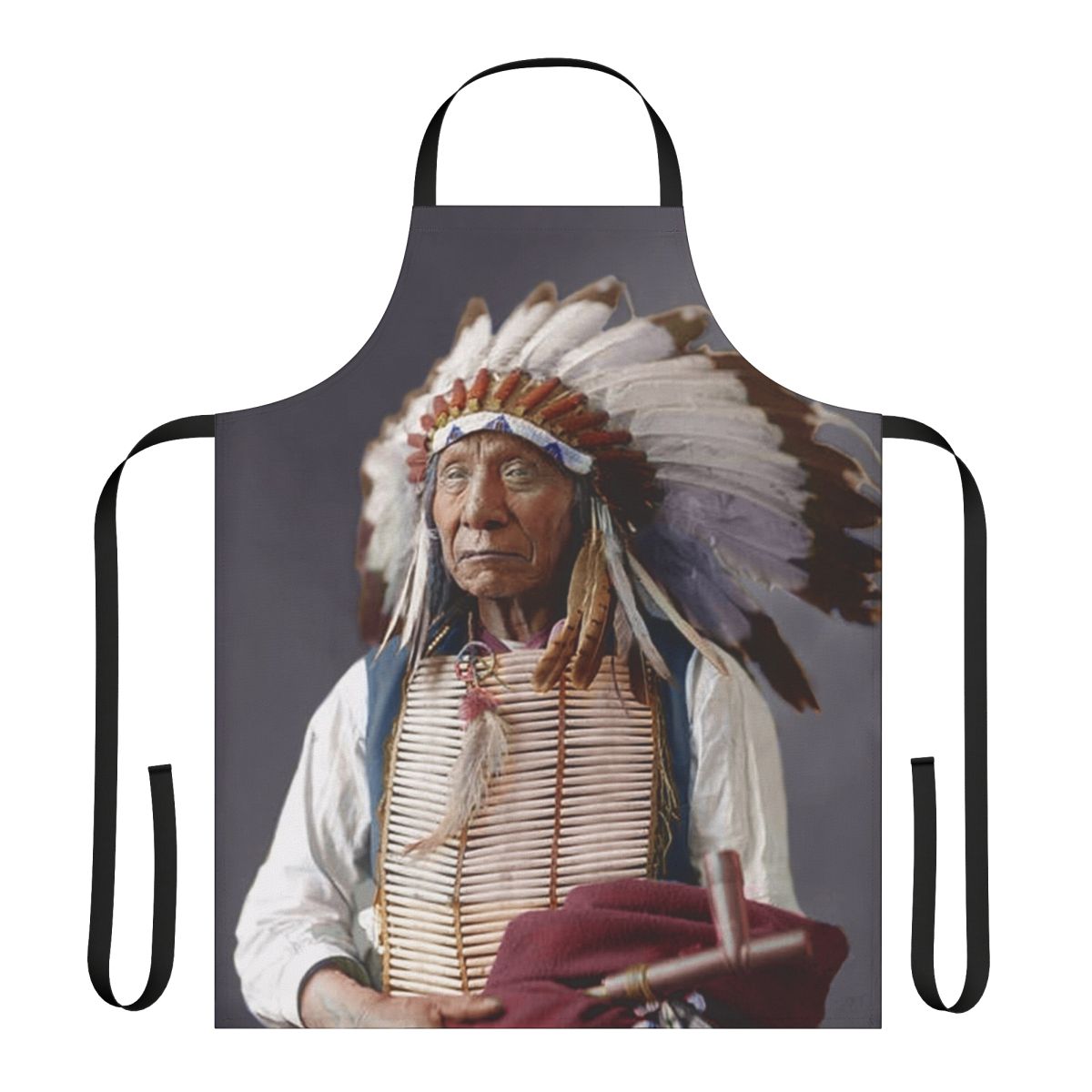 Vibrant red and black apron featuring a portrait of Lakota leader Red Cloud