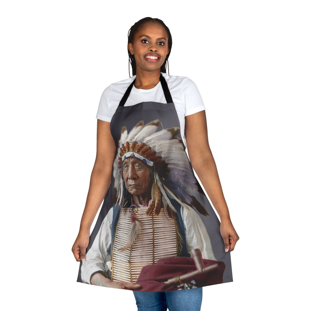 Vibrant red and black apron featuring a portrait of Lakota leader Red Cloud