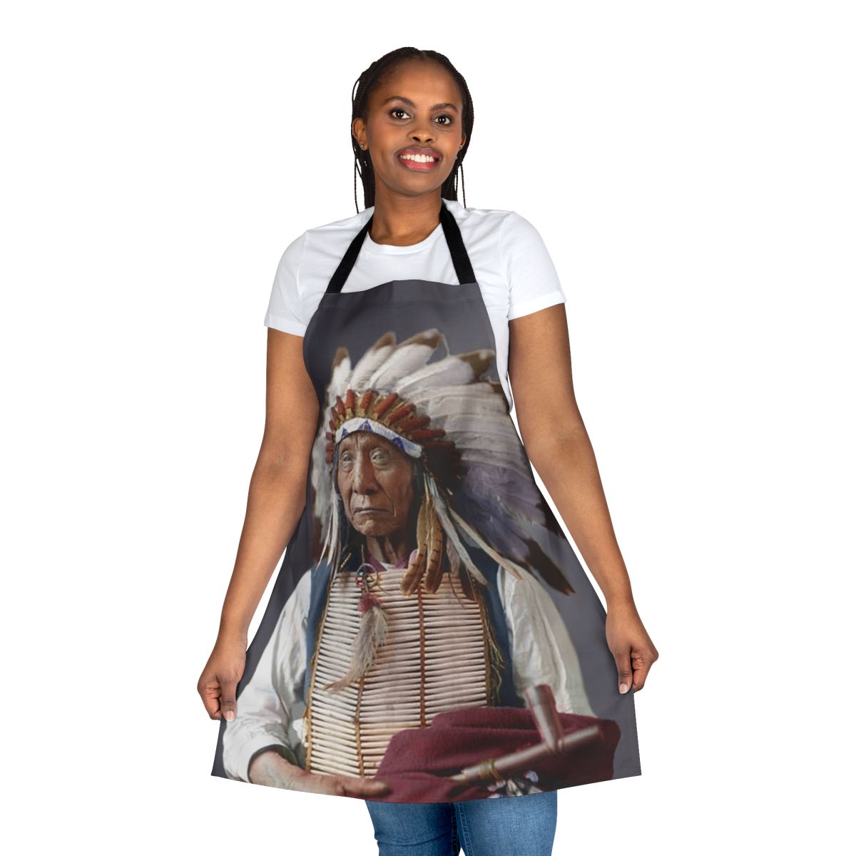 Vibrant red and black apron featuring a portrait of Lakota leader Red Cloud