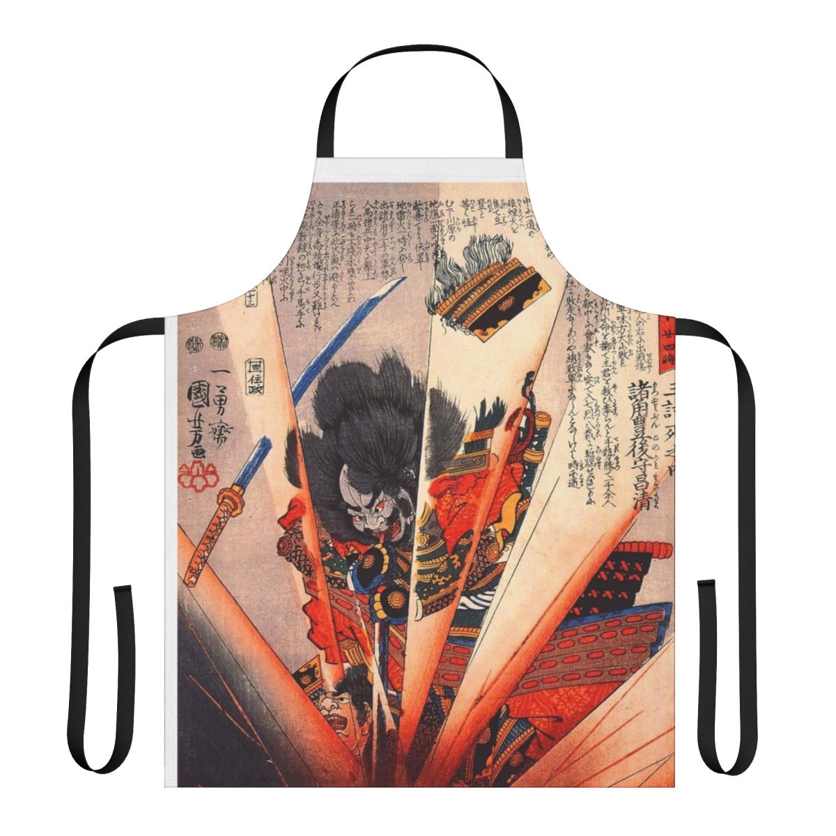 Apron featuring a detailed woodblock print design of a samurai warrior by renowned Japanese artist Kuniyoshi.