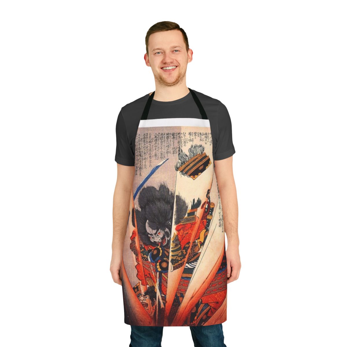 Apron featuring a detailed woodblock print design of a samurai warrior by renowned Japanese artist Kuniyoshi.