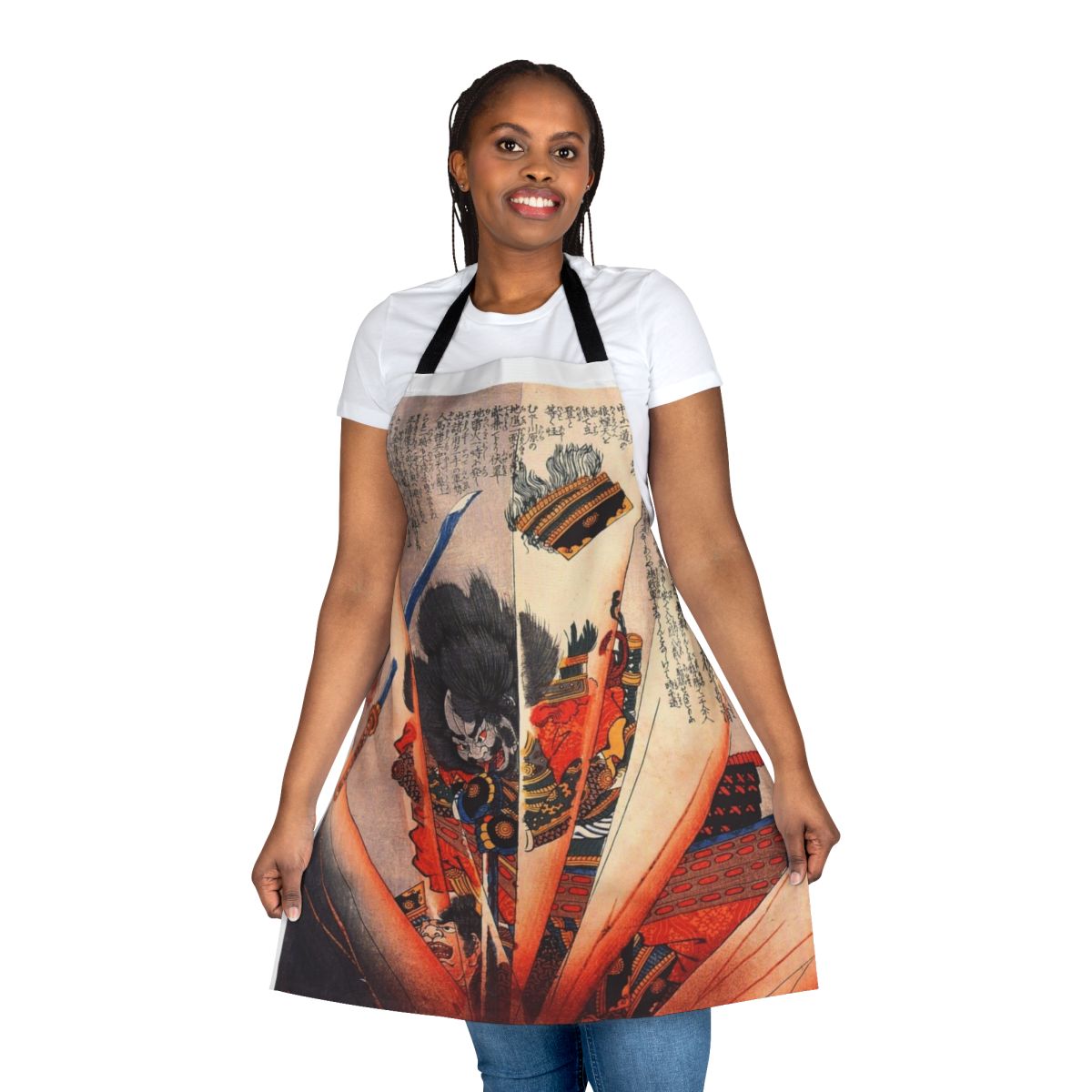 Apron featuring a detailed woodblock print design of a samurai warrior by renowned Japanese artist Kuniyoshi.