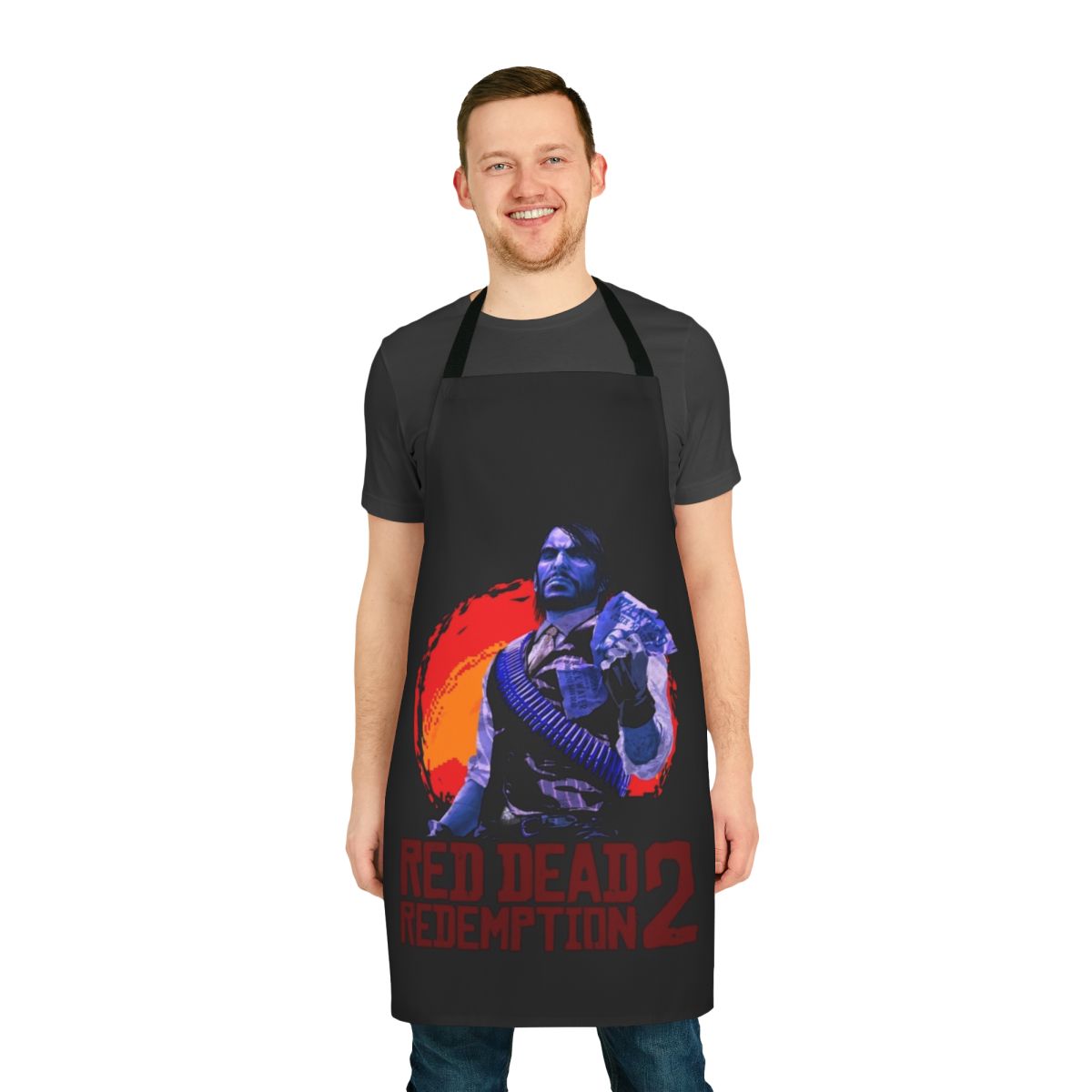 Stylish red and black apron featuring Arthur Morgan, the protagonist of the Red Dead Redemption video game series