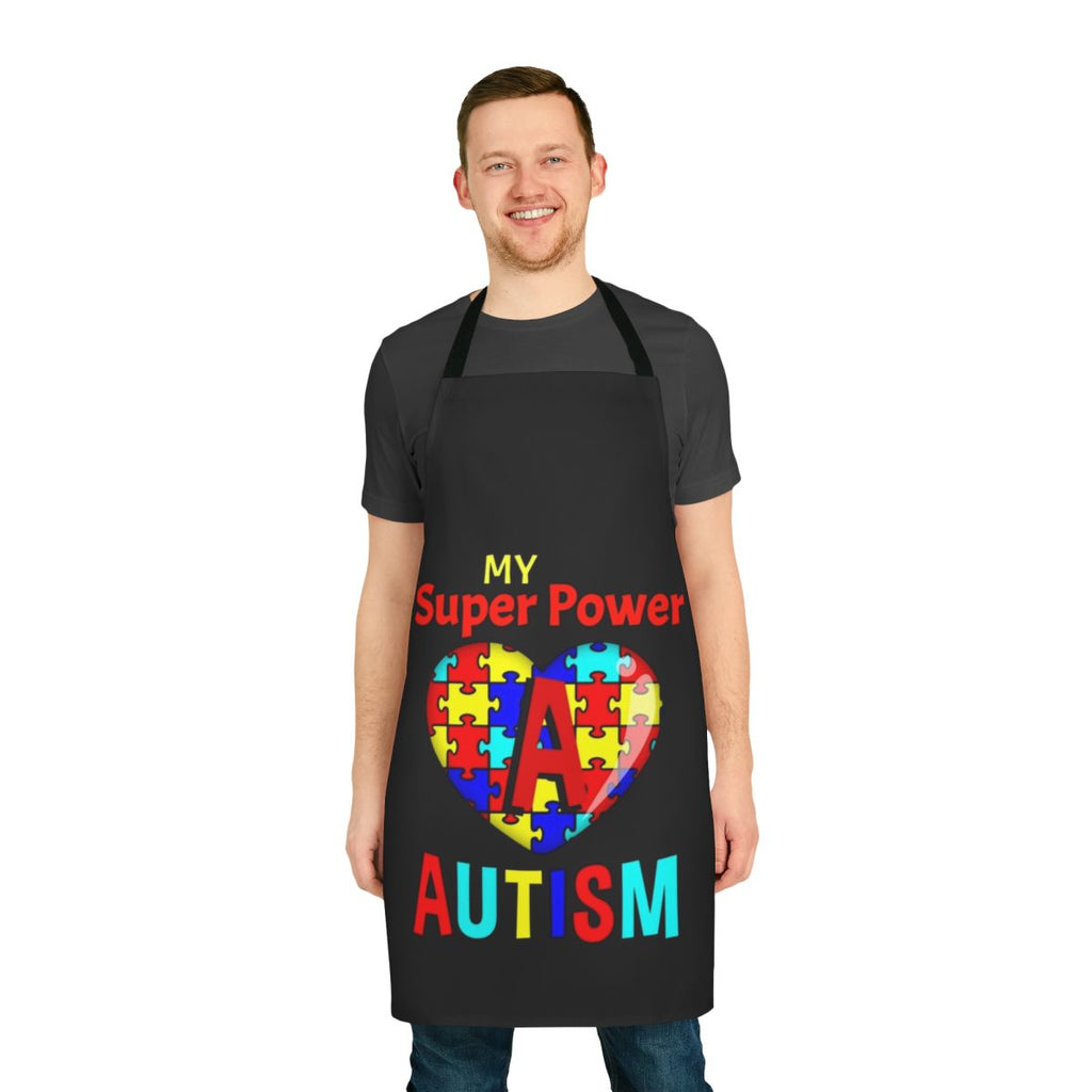 Autism awareness apron with superhero design and puzzle pieces