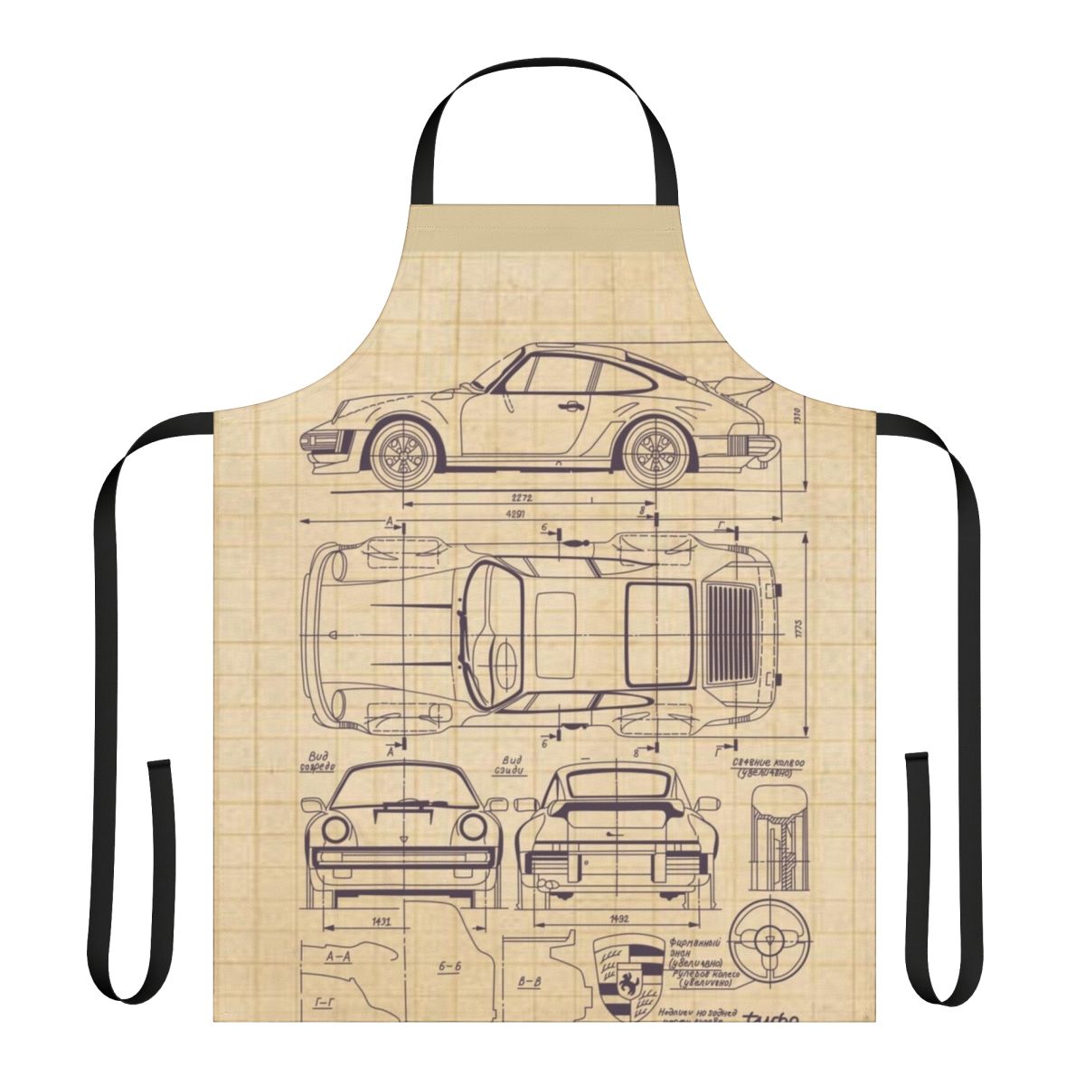Stylish apron featuring a blueprint design of the iconic Porsche 911 930 model