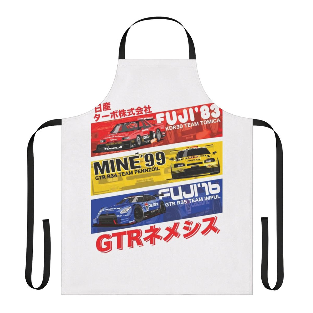 Apron featuring illustrations and text about the history of the Nissan GTR sports car.