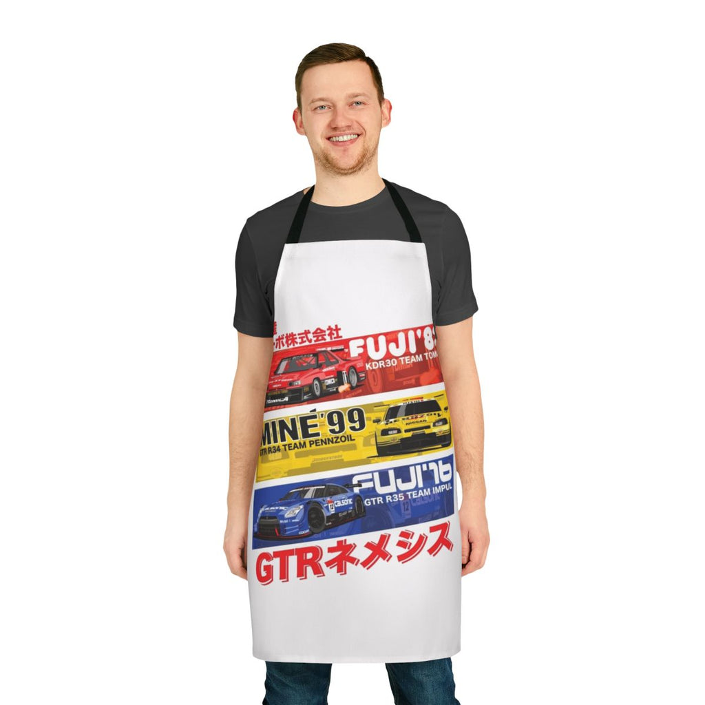 Apron featuring illustrations and text about the history of the Nissan GTR sports car.