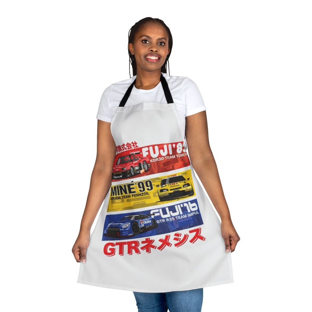 Apron featuring illustrations and text about the history of the Nissan GTR sports car.
