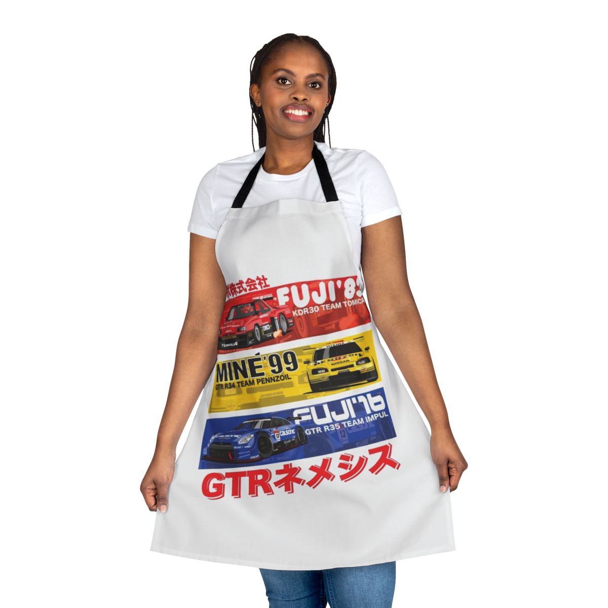 Apron featuring illustrations and text about the history of the Nissan GTR sports car.