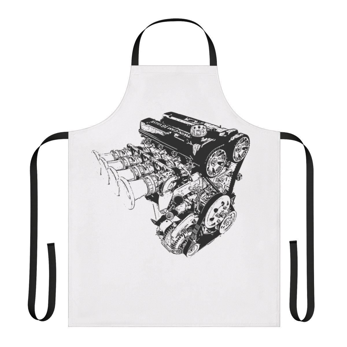 A black apron with a racing engine design, perfect for car enthusiasts, mechanics, and workshop owners.