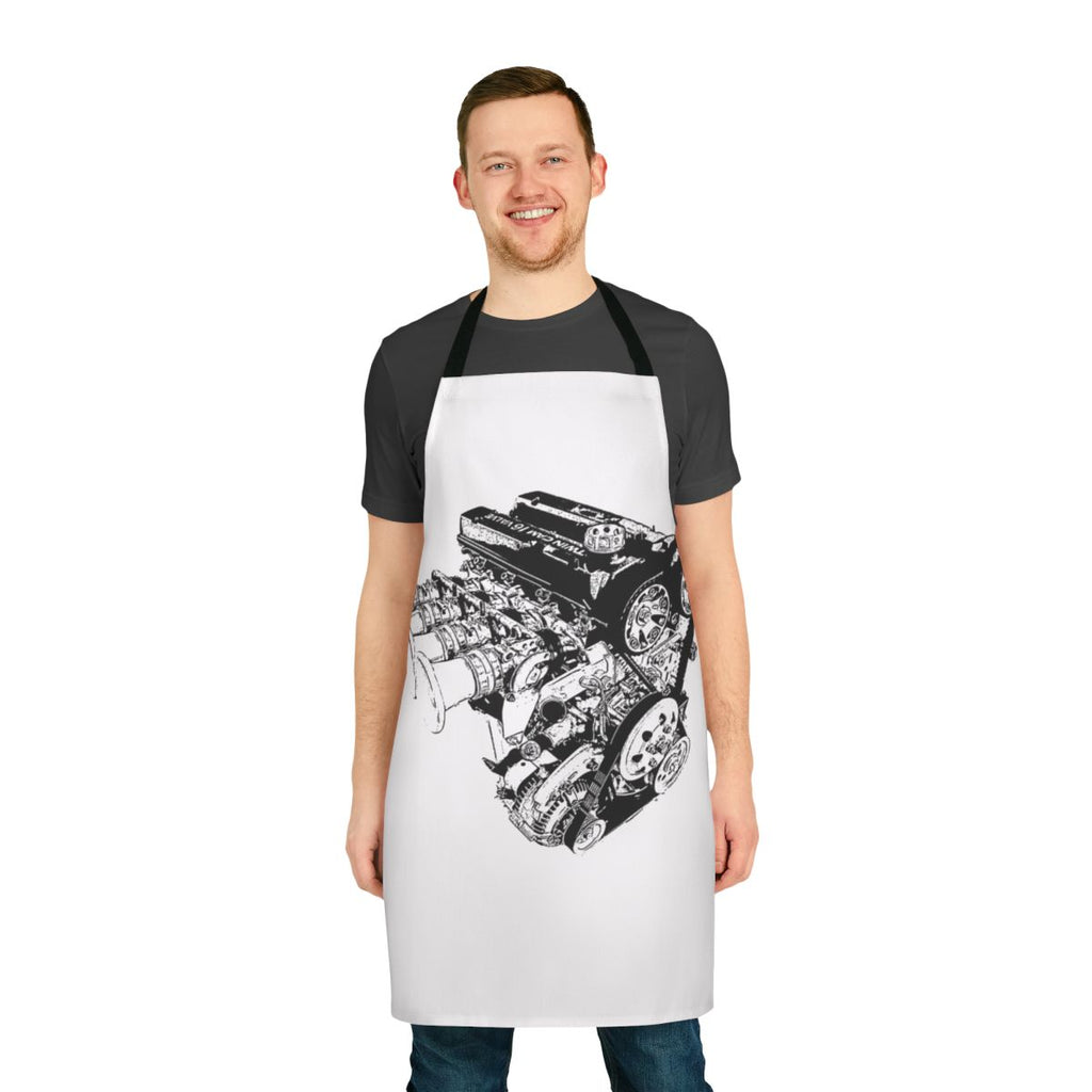A black apron with a racing engine design, perfect for car enthusiasts, mechanics, and workshop owners.